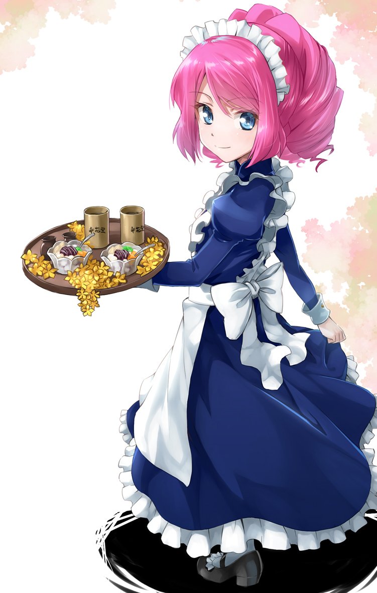 1girl aikatsu! aikatsu_stars! alternate_costume apron blue_eyes bow commentary_request cup dress dress_lift drill_hair drink enmaided eyebrows_visible_through_hair flower food frills high_heels holding holding_tray ice_cream lifted_by_self long_sleeves looking_at_viewer maid maid_apron maid_headdress petals pink_hair plate puffy_sleeves sakuraba_rola shiny shiny_skin shoes sidelocks slippers smile solo spoon tray yone
