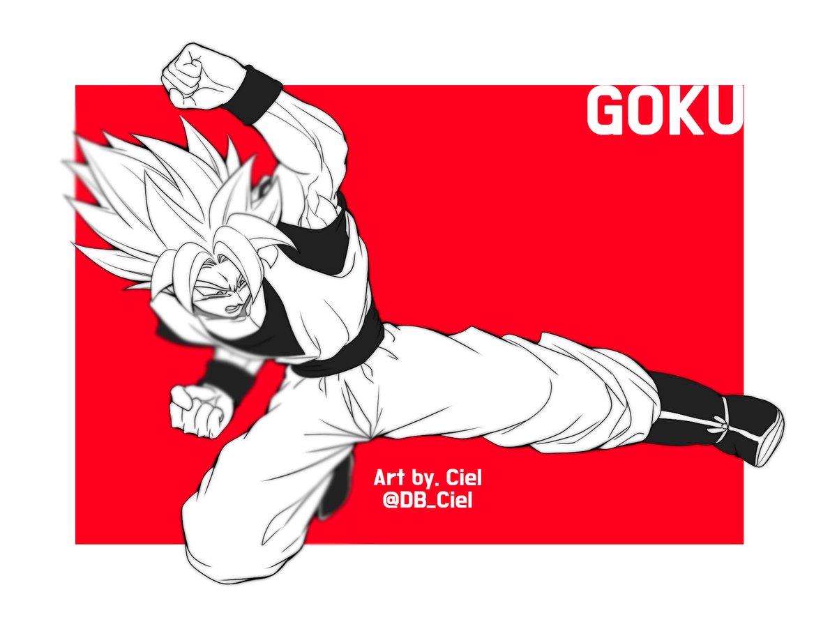 1boy artist_name boots character_name clenched_hands commentary dougi dragon_ball dragonball_z fighting_stance frame frown kicking looking_away male_focus monochrome outstretched_arms red_background serious simple_background son_gokuu spiky_hair twitter_username white_background wristband