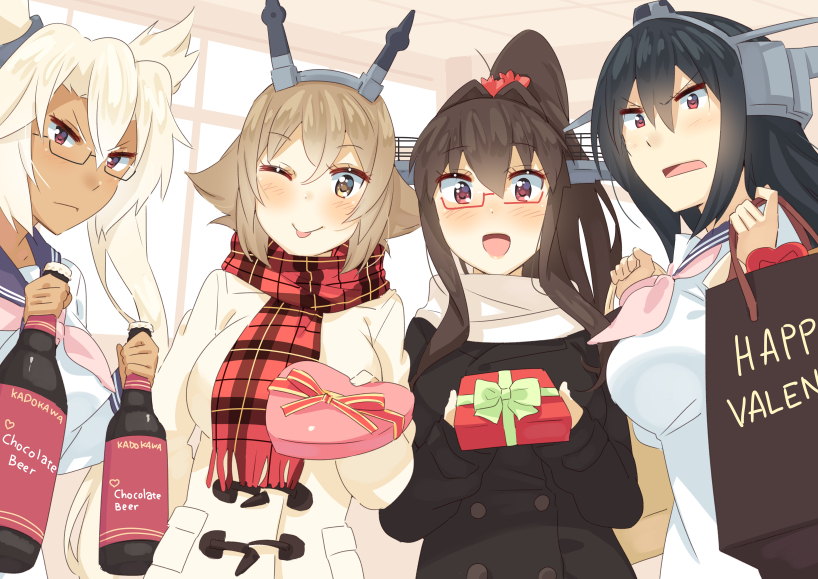 4girls :d alternate_costume bespectacled black_hair blonde_hair box brown_eyes brown_hair commentary_request gift gift_box glasses hair_between_eyes headgear holding holding_gift kantai_collection long_hair multiple_girls musashi_(kantai_collection) mutsu_(kantai_collection) nagato_(kantai_collection) one_eye_closed open_mouth plaid plaid_scarf ponytail red-framed_eyewear red_eyes red_scarf scarf short_hair smile tonari_no_kai_keruberosu tongue tongue_out valentine white_scarf yamato_(kantai_collection)