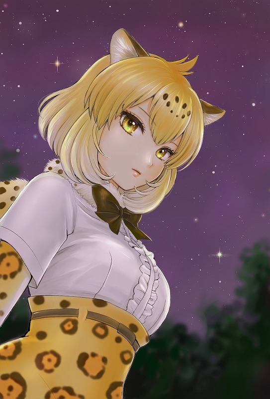 animal_ears belt blonde_hair blouse bob_cut bow bowtie jaguar_(kemono_friends) jyan_borii kemono_friends looking_at_viewer night night_sky orange_eyes pleated short_hair sky upper_body white_blouse