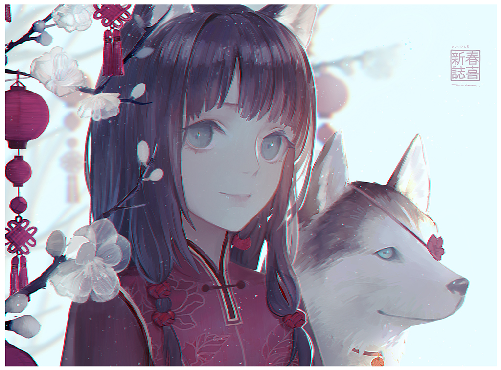 1girl animal animal_ears bangs brown_hair chinese_new_year closed_mouth commentary_request dog dog_ears echosdoodle flower grey_eyes lantern looking_at_viewer new_year original outdoors paper_lantern red_shirt shirt smile solo white_flower winter