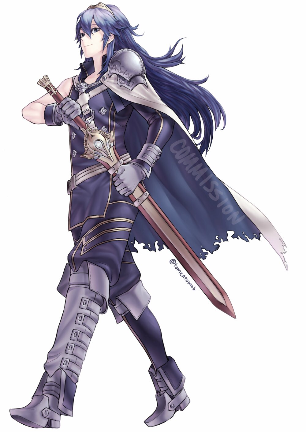 1girl blue_eyes blue_hair cape cosplay falchion_(fire_emblem) fire_emblem fire_emblem:_kakusei highres krom krom_(cosplay) long_hair looking_at_viewer lucina short_hair smile sword tiara weapon