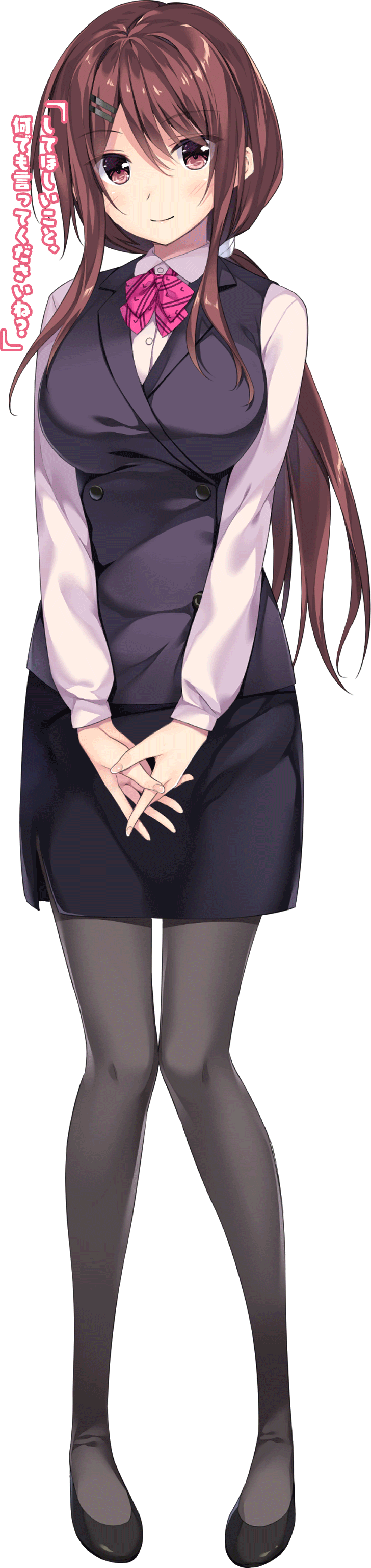 1girl absurdres bow brown_eyes brown_hair business_suit formal full_body hair_ornament hairclip highres long_image oryou pantyhose shoes skirt solo suit tall_image transparent_background