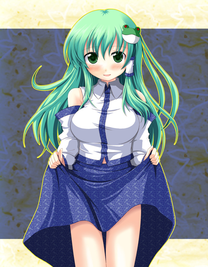 1girl bangs bare_shoulders big_eyes blue_skirt blush breasts cowboy_shot cropped_legs eyebrows_visible_through_hair green_eyes green_hair hair_between_eyes hair_ornament hair_ribbon hands_up holding kinagi_yuu kochiya_sanae large_breasts lifted_by_self long_hair long_sleeves looking_at_viewer multicolored multicolored_background multicolored_clothes open_mouth patterned_clothing ribbon skirt skirt_hold skirt_lift smile solo standing thigh_gap touhou