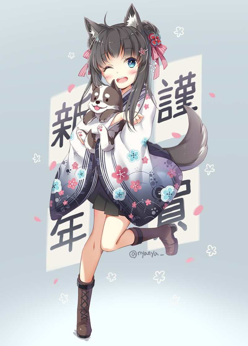 1girl ;d animal animal_ears animal_hug bangs black_skirt blush boots bow brown_footwear commentary_request cross-laced_footwear dog dog_ears dog_girl dog_tail eyebrows_visible_through_hair floral_print full_body hair_bow hair_ornament hairclip happy_new_year japanese_clothes kimono lace-up_boots long_hair long_sleeves looking_at_viewer new_year nyanya one_eye_closed open_mouth original pleated_skirt print_kimono short_kimono sidelocks skirt smile solo standing standing_on_one_leg striped striped_bow tail translated twitter_username upper_teeth white_kimono wide_sleeves year_of_the_dog