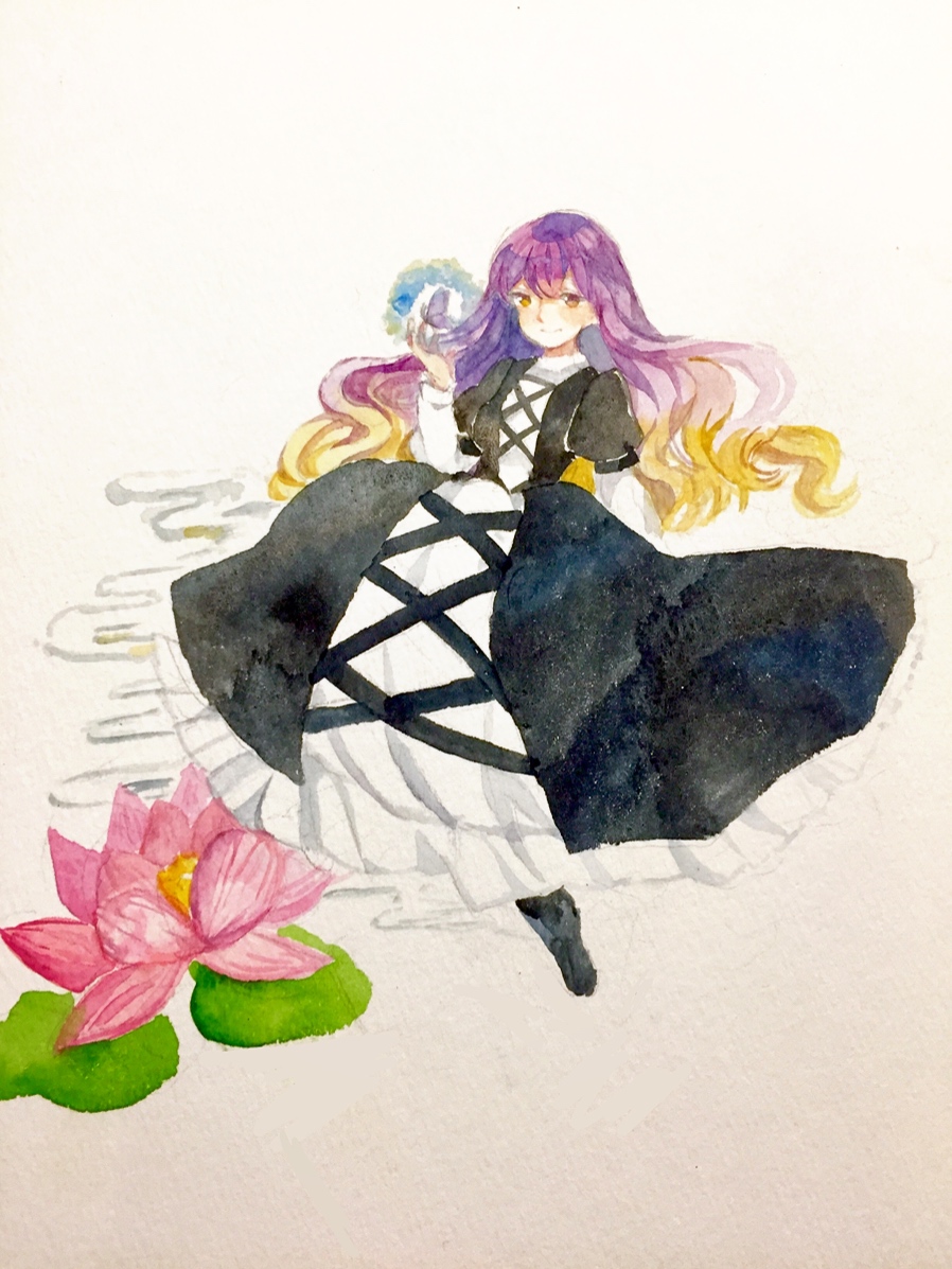 1girl blonde_hair brown_eyes butterfly commentary cross-laced_clothes dress floating_hair flower gradient gradient_background gradient_hair hijiri_byakuren juliet_sleeves layered_dress leaf long_hair long_sleeves looking_at_viewer lotus multicolored_hair puffy_sleeves purple_hair rin_(yukameiko) simple_background solo touhou traditional_media wavy_hair yellow_eyes