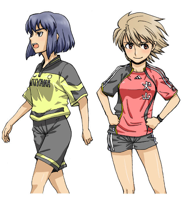 2girls adidas blue_eyes blue_hair borussia_dortmund brown_eyes brown_hair commentary_request multiple_girls nike open_mouth original short_hair smile soccer soccer_uniform sportswear standing thomas_107