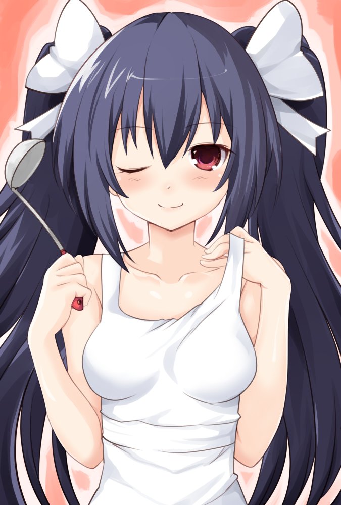 1girl ;) alternate_costume apron bare_shoulders black_hair blush breasts collarbone hair_between_eyes holding iwasi-r ladle long_hair looking_at_viewer medium_breasts neptune_(series) noire one_eye_closed red_eyes ribbon smile solo strap_pull twintails very_long_hair white_apron white_ribbon