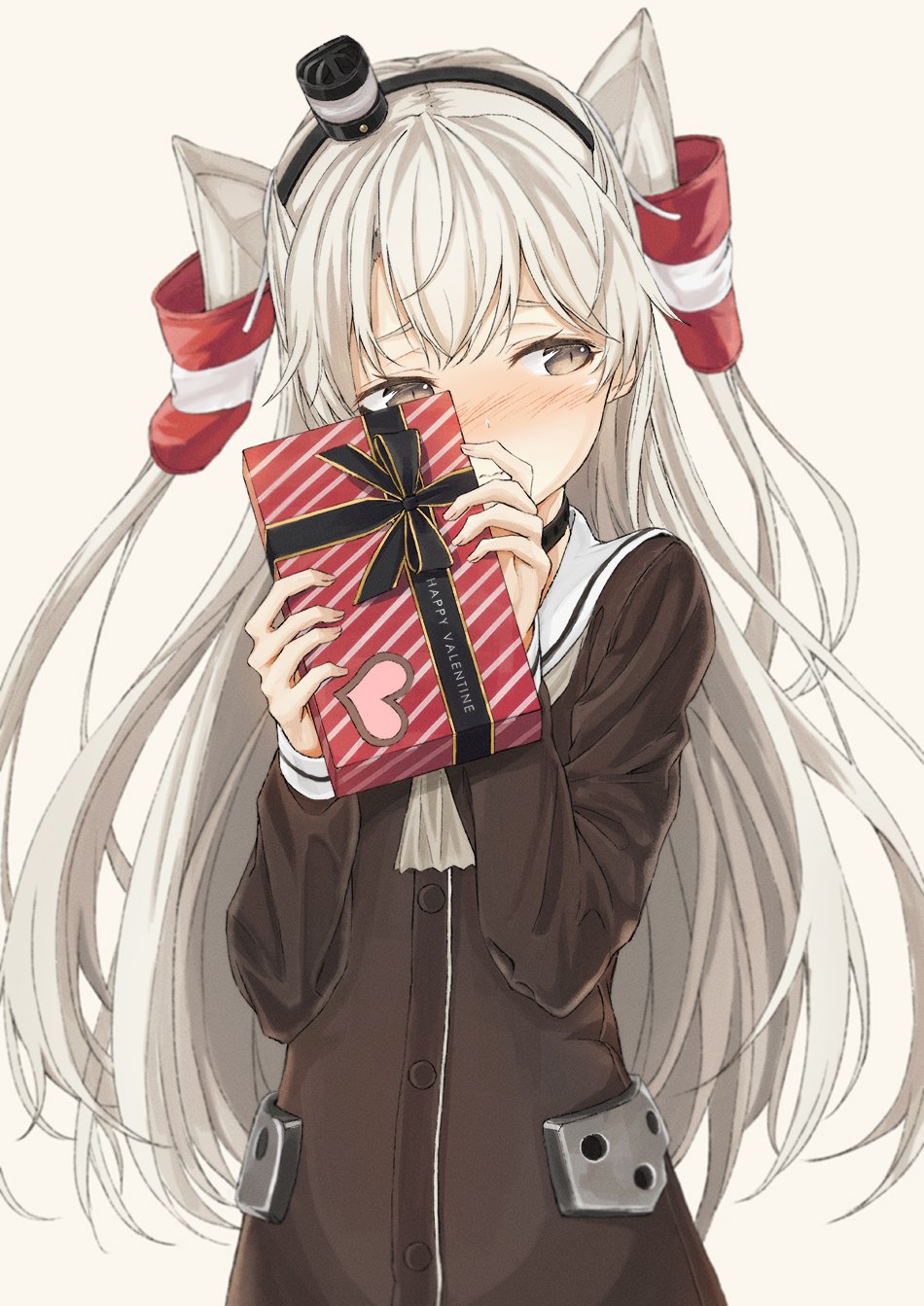 1girl amatsukaze_(kantai_collection) blush box brown_dress brown_eyes covering_face dress gift gift_box hair_tubes highres holding holding_gift kantai_collection long_hair looking_away remil silver_hair simple_background solo valentine white_background