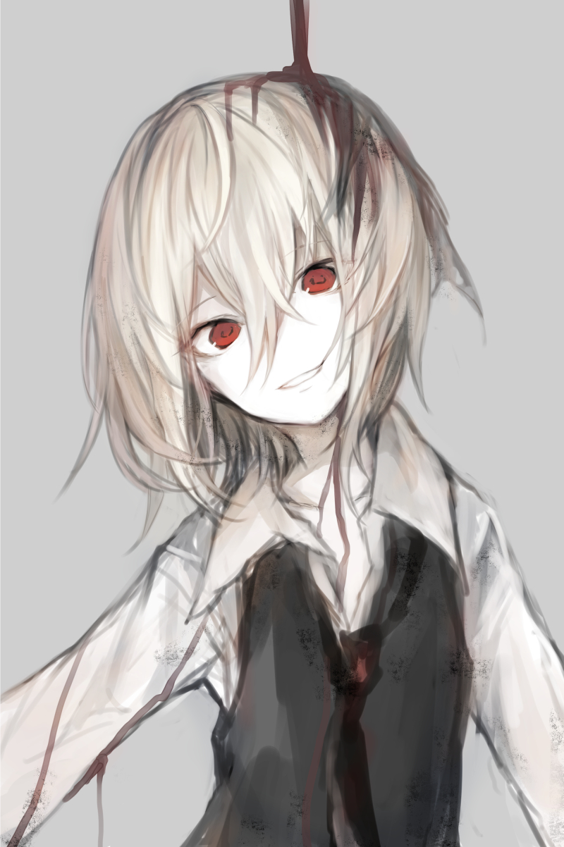 1girl blonde_hair blood bloody_hair grey_background hasunokaeru highres looking_at_viewer necktie red_eyes rumia short_hair smile solo touhou upper_body vest