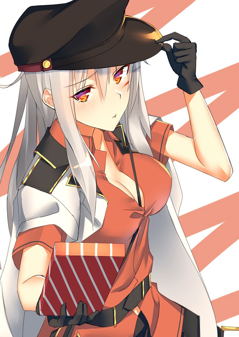 1girl belt black_gloves black_skirt blush box breasts cleavage commentary commentary_request gangut_(kantai_collection) gift gift_box giving gloves hat hat_tip jacket jacket_on_shoulders kantai_collection large_breasts long_hair looking_at_viewer military_jacket orange_eyes pallad peaked_cap red_shirt scar_on_cheek shirt short_sleeves silver_hair skirt solo valentine white_jacket