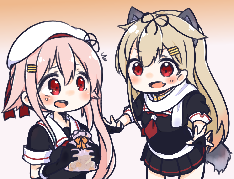 &gt;:d 2girls animal_ears beret black_gloves black_serafuku blonde_hair blush bridal_gauntlets dog_ears dog_tail fang gift_bag gloves hair_between_eyes hair_flaps hair_ornament hair_ribbon hairclip harusame_(kantai_collection) hat kantai_collection long_hair multiple_girls neckerchief open_mouth pink_hair pleated_skirt red_eyes remodel_(kantai_collection) ribbon sailor_collar scarf school_uniform serafuku side_ponytail skirt tail tanishi_(tanisi_00) yuudachi_(kantai_collection)