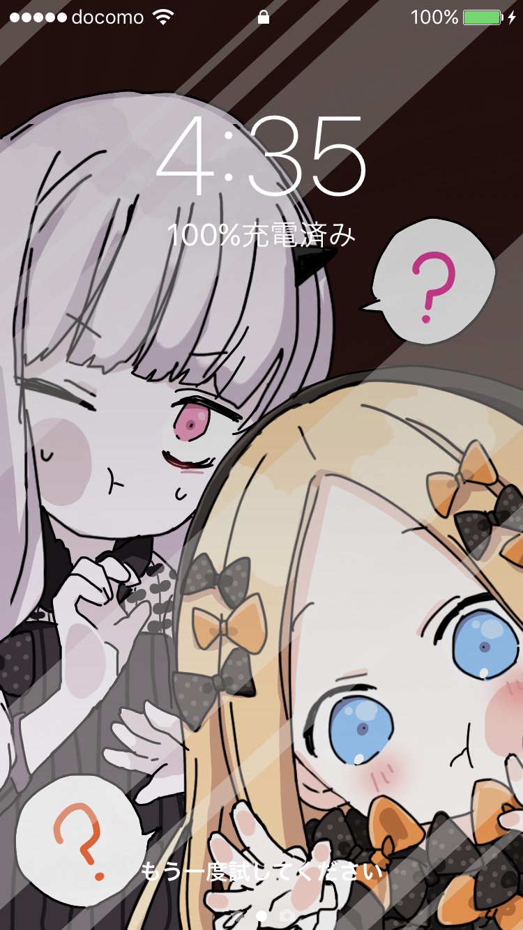 2girls :t ? abigail_williams_(fate/grand_order) against_glass bangs black_bow black_dress black_hat blonde_hair blue_eyes blush bow closed_mouth dress eyebrows_visible_through_hair fate/grand_order fate_(series) forehead hair_bow hat highres horn lavinia_whateley_(fate/grand_order) long_sleeves multiple_girls one_eye_closed orange_bow parted_bangs phone_screen pink_eyes polka_dot polka_dot_bow silver_hair sofra spoken_question_mark sweat translated