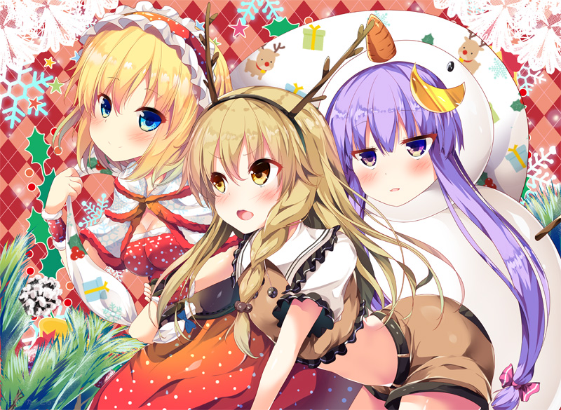 3girls alice_margatroid antlers argyle argyle_background black_hairband blonde_hair blue_eyes blush bow braid breasts brown_eyes brown_shirt brown_shorts cleavage crop_top dress eyebrows_visible_through_hair fake_antlers frilled_hairband hair_between_eyes hair_bow hairband kirisame_marisa light_brown_hair long_hair masa_(miyabitei) midriff moon multiple_girls patchouli_knowledge polka_dot polka_dot_dress polka_dot_hairband purple_hair red_dress red_hairband shirt short_hair short_shorts short_sleeves shorts small_breasts snowman_costume touhou twintails very_long_hair