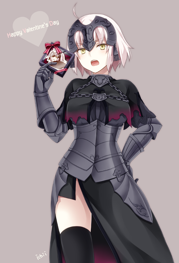 1girl ahoge armor armored_dress black_gloves black_legwear blonde_hair box breasts chains commentary_request eyebrows_visible_through_hair fate/grand_order fate_(series) fur_trim gauntlets gift gloves headpiece holding holding_gift jeanne_d'arc_(alter)_(fate) jeanne_d'arc_(fate)_(all) kubyou_azami looking_at_viewer open_mouth ribbon short_hair solo thigh-highs valentine yellow_eyes