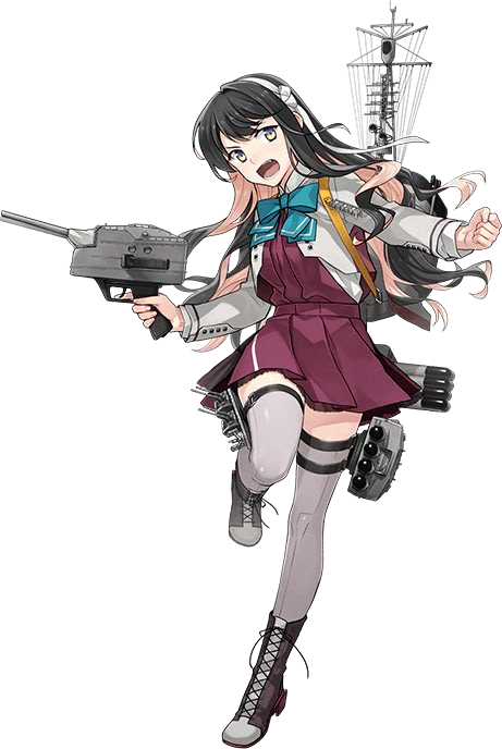 &gt;:) 1girl black_hair brown_eyes dress fujikawa full_body grey_legwear kantai_collection long_hair long_sleeves machinery multicolored_hair naganami_(kantai_collection) official_art pink_hair purple_dress remodel_(kantai_collection) smile solo thigh-highs transparent_background turret v-shaped_eyebrows zettai_ryouiki