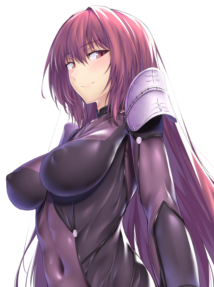 1girl armor blush bodysuit breasts covered_navel erect_nipples fate/grand_order fate_(series) large_breasts lips long_hair looking_away looking_to_the_side matsunaga_garana pauldrons purple_bodysuit purple_hair scathach_(fate/grand_order) shiny shiny_hair simple_background smile solo upper_body violet_eyes white_background