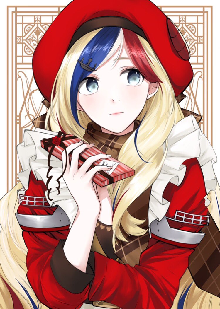 anchor_hair_ornament bangs beret blue_eyes blue_hair chocolate commandant_teste_(kantai_collection) dress french frilled_dress frills hair_ornament hat kantai_collection morinaga_miki multicolored_hair ornament plaid plaid_scarf red_hat redhead scarf streaked_hair swept_bangs valentine white_hair