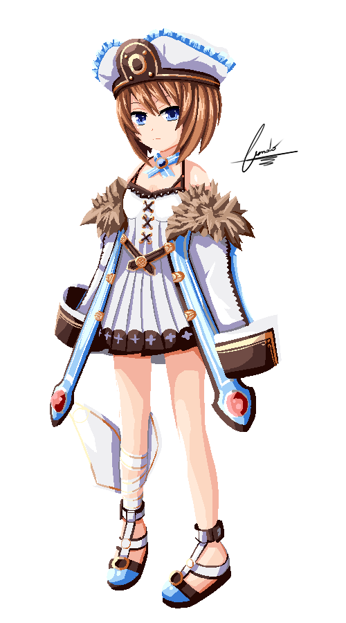 1girl bare_shoulders blanc blue_eyes blush brown_hair cundodeviant full_body fur_trim hat looking_at_viewer neptune_(series) pixel_art short_hair solo