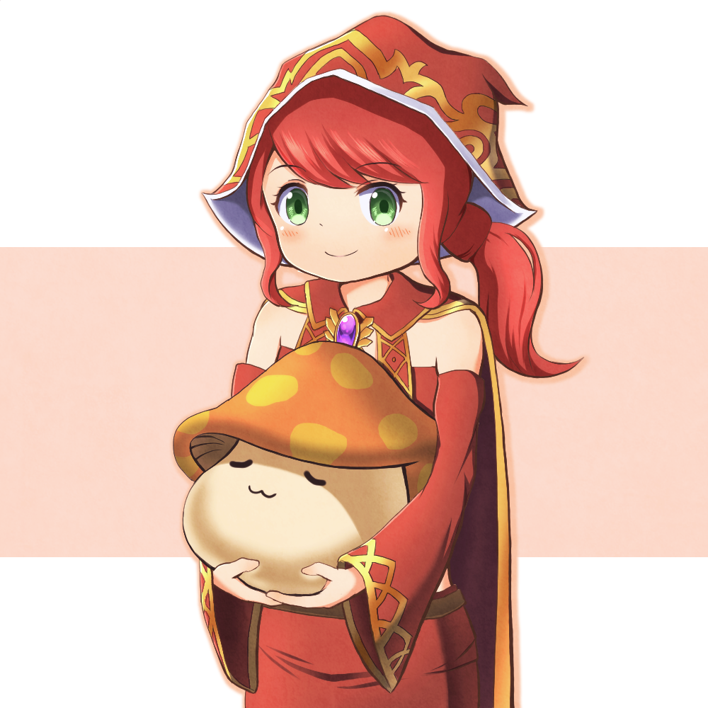 1girl artist_request blush cape capelet commentary_request green_eyes holding looking_at_viewer maplestory oz_(maplestory) red_cape redhead simple_background smile standing