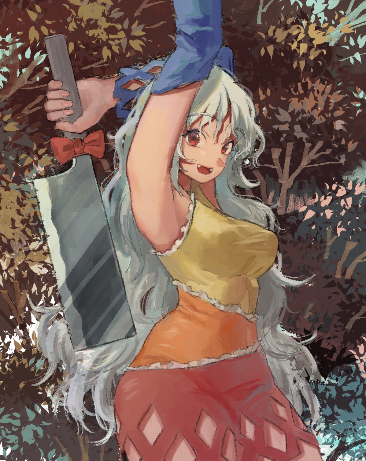 1girl armpits arms_up bow breasts bush cleaver commentary cowboy_shot detached_sleeves dress fangs frills highres holding holding_weapon large_breasts leaf long_hair looking_at_viewer messy_hair multicolored multicolored_clothes multicolored_dress open_mouth outdoors pororikin red_bow red_eyes sakata_nemuno smile solo touhou weapon white_hair