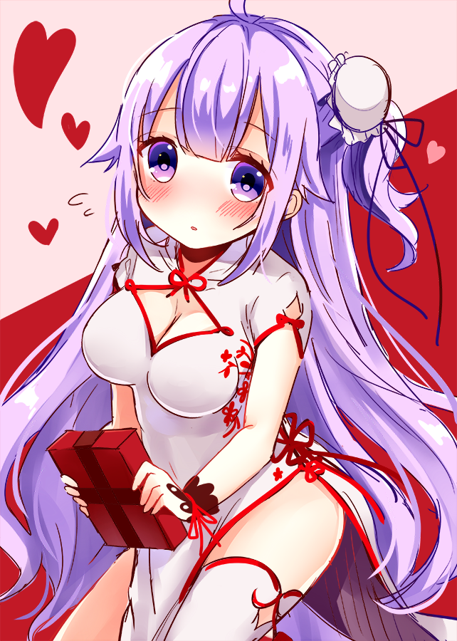1girl azur_lane bangs blush box breasts bun_cover china_dress chinese_clothes cleavage cleavage_cutout commentary_request dress eyebrows_visible_through_hair flying_sweatdrops gift gift_box hair_between_eyes hair_bun heart hinanosuke holding holding_gift long_hair looking_at_viewer parted_lips pelvic_curtain purple_hair side_bun solo unicorn_(azur_lane) valentine very_long_hair violet_eyes white_dress