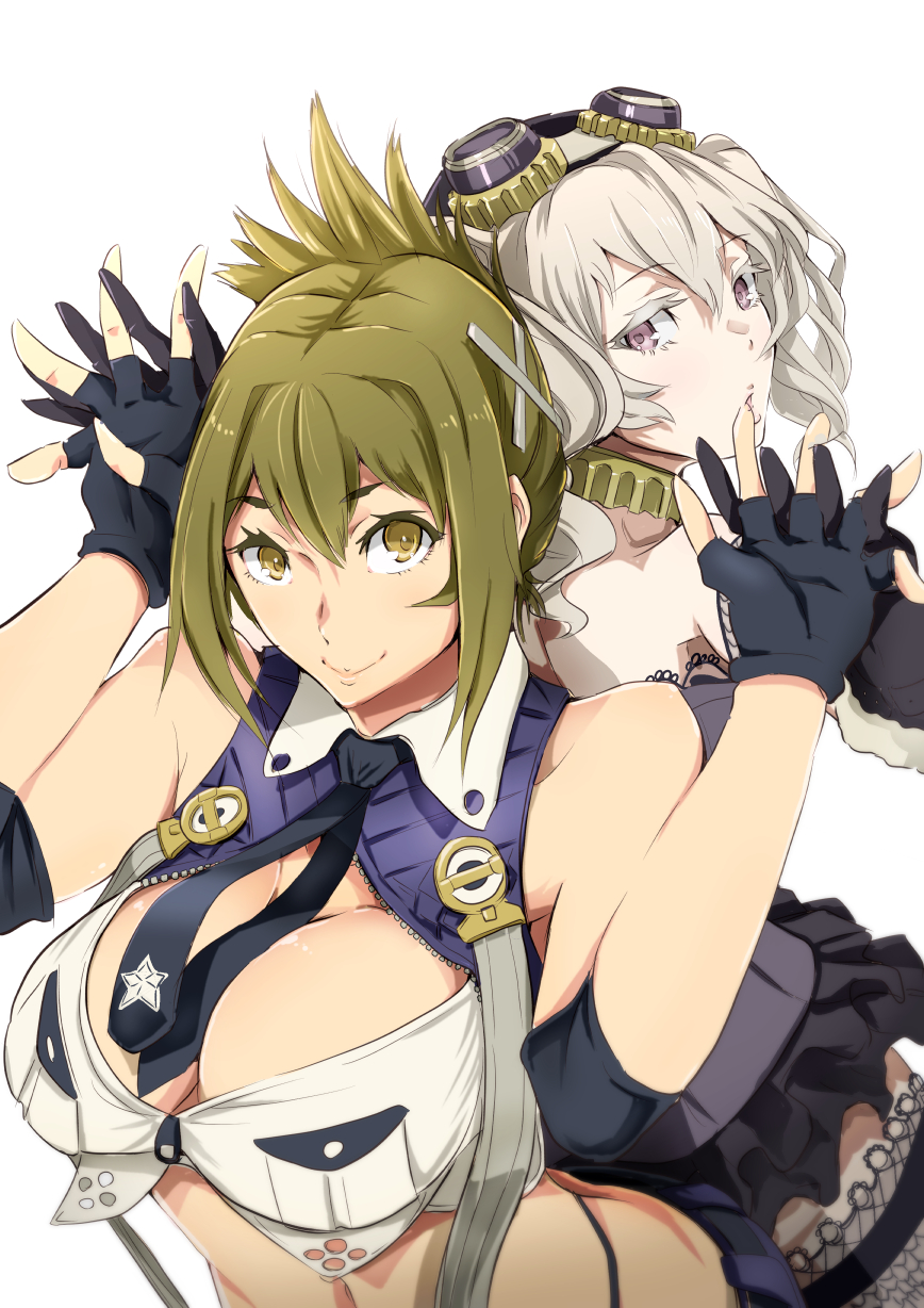 2girls bare_shoulders black_gloves breasts brown_eyes brown_hair bustier choker fingerless_gloves folded_ponytail gears gloves goggles goggles_on_head green_hair hair_ornament hand_holding highres kisaragi_chitose large_breasts lavender_eyes looking_at_viewer looking_back midriff multiple_girls navel necktie nine_(super_robot_wars) sakusakusakurai smile super_robot_wars super_robot_wars_v thigh-highs twintails white_hair x_hair_ornament