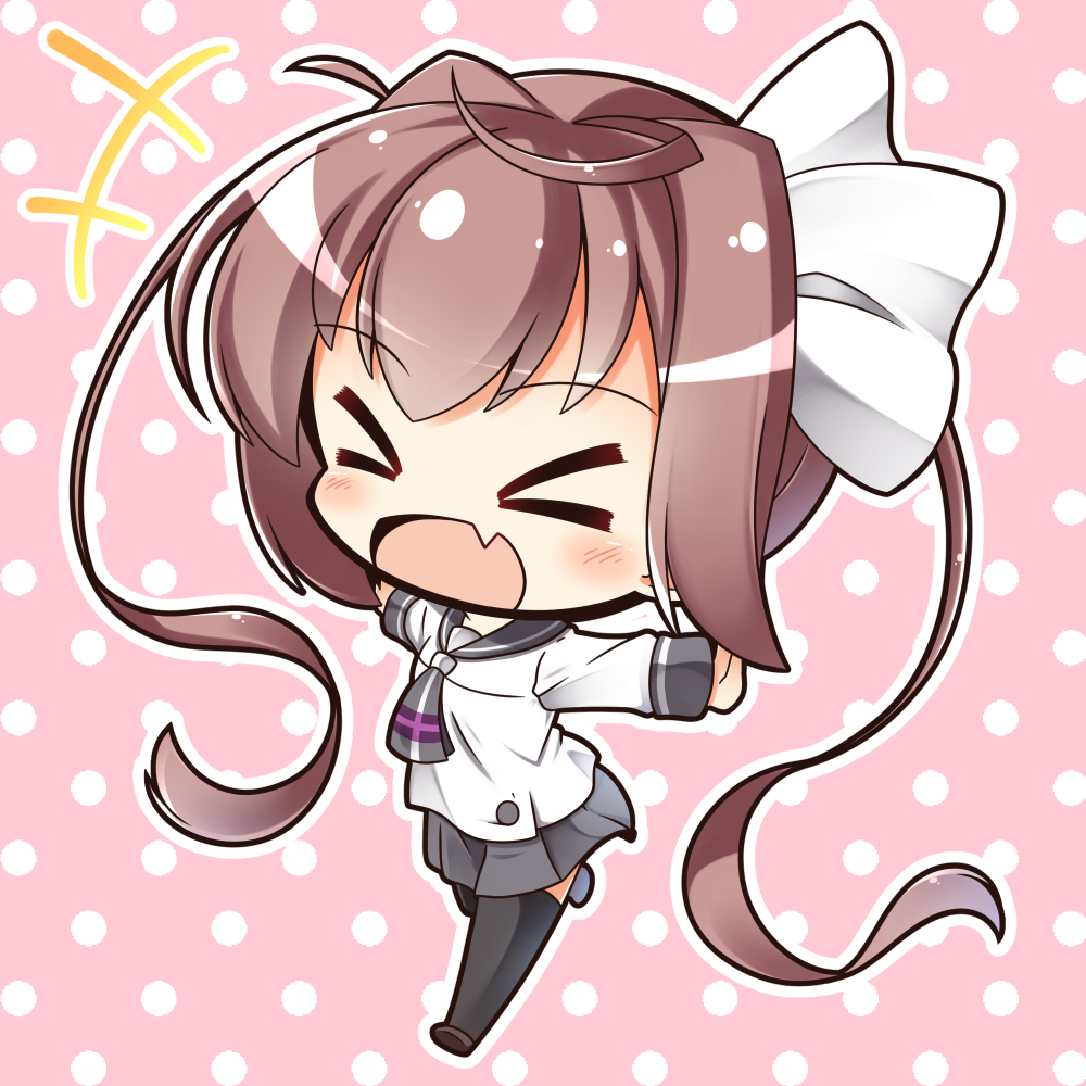 &gt;_&lt; +++ 1girl :d ahoge black_legwear blush bow brown_footwear brown_hair chibi commentary_request fang grey_neckwear grey_sailor_collar grey_skirt hair_bow long_hair long_sleeves momochi_tamate open_mouth outline outstretched_arms pink_background pleated_skirt polka_dot polka_dot_background sailor_collar school_uniform serafuku shachoo. shirt sidelocks skirt slow_start smile solo spread_arms thigh-highs twintails very_long_hair white_bow white_outline white_shirt xd