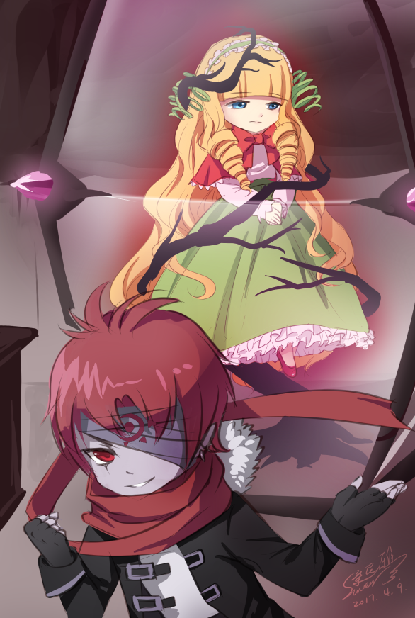 1boy 1girl alicia_(maplestory) artist_request bandage branch capelet damien_(maplestory) fingerless_gloves gloves green_eyes green_hairband green_skirt hairband headband long_hair maplestory red_capelet red_eyes red_headband red_scarf redhead scarf short_hair skirt tree_branch