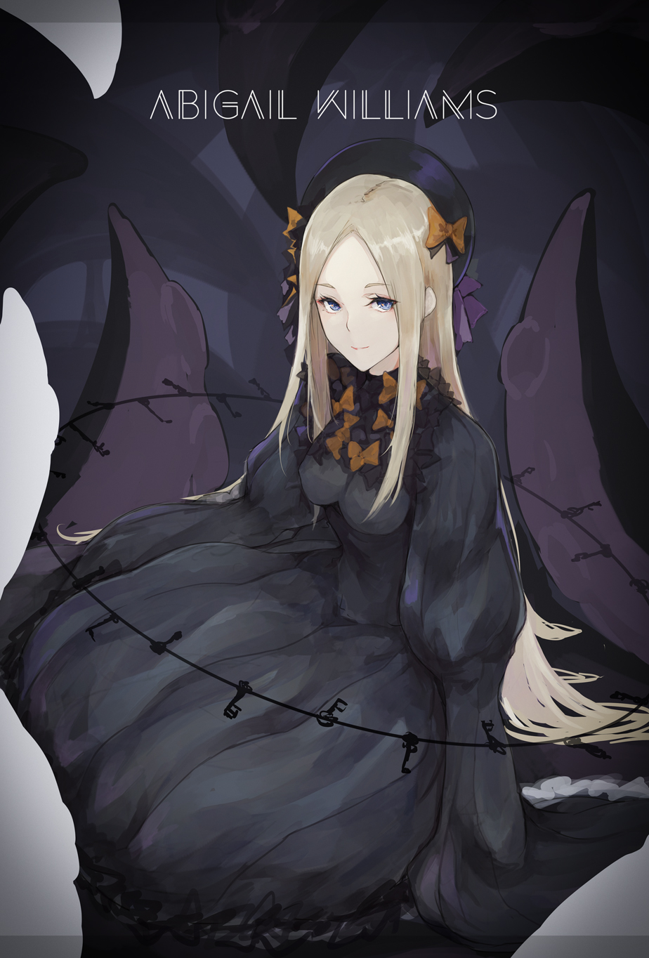 1girl abigail_williams_(fate/grand_order) bangs black_bow black_dress black_hat blonde_hair blue_eyes bow breasts butterfly character_name closed_mouth commentary_request dress fate/grand_order fate_(series) hair_bow hat highres juliet_sleeves key long_hair long_sleeves looking_at_viewer marumoru medium_breasts orange_bow parted_bangs polka_dot polka_dot_bow puffy_sleeves sitting sleeves_past_fingers sleeves_past_wrists smile solo very_long_hair