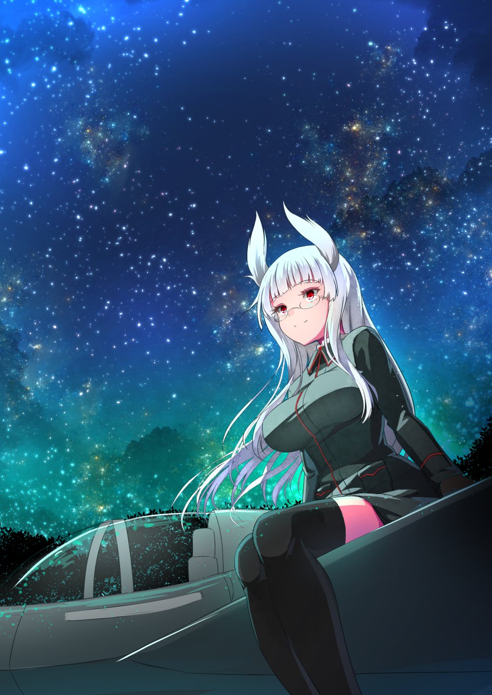1girl aircraft airplane animal_ears breasts fighter_jet glasses head_wings heidimarie_w_schnaufer highres inu3li jet large_breasts long_hair military military_uniform military_vehicle night night_sky red_eyes sky smile solo strike_witches thigh-highs uniform white_hair world_witches_series