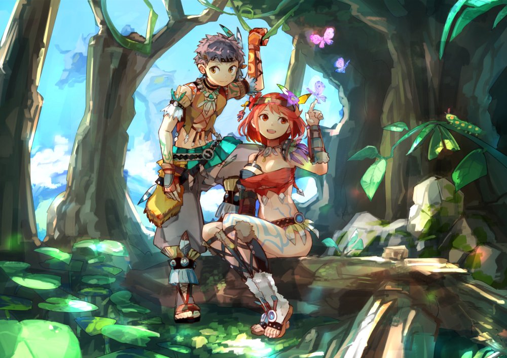 1girl breasts earrings feathers geetgeet gloves hair_feathers pyra_(xenoblade) jewelry jungle large_breasts looking_at_viewer nature red_eyes redhead rex_(xenoblade_2) seiken_densetsu seiken_densetsu_2 short_hair smile tiara xenoblade xenoblade_2