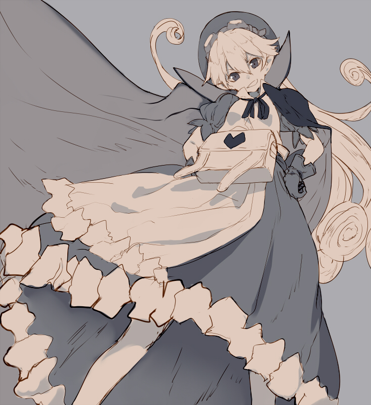 1girl apron bag cape cropped_legs curly_hair dress gloves goggles goggles_on_head grey grey_background grin hands_on_hips hat heart long_hair looking_at_viewer marivel_armitage monochrome popped_collar shiromiso simple_background smile solo wild_arms wild_arms_2