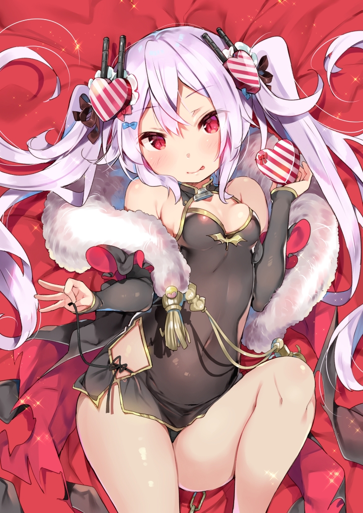 1girl azur_lane bangs bare_shoulders black_dress black_panties blush box breasts china_dress chinese_clothes closed_mouth commentary_request detached_sleeves dress eyebrows_visible_through_hair fur_collar gift gift_box hair_between_eyes hand_up head_tilt heart-shaped_box holding holding_gift kibii_mocha long_hair long_sleeves looking_at_viewer lying medium_breasts on_back panties red_eyes side-tie_panties silver_hair sleeveless sleeveless_dress sleeves_past_wrists smile solo thighs twintails underwear untying valentine vampire_(azur_lane) very_long_hair