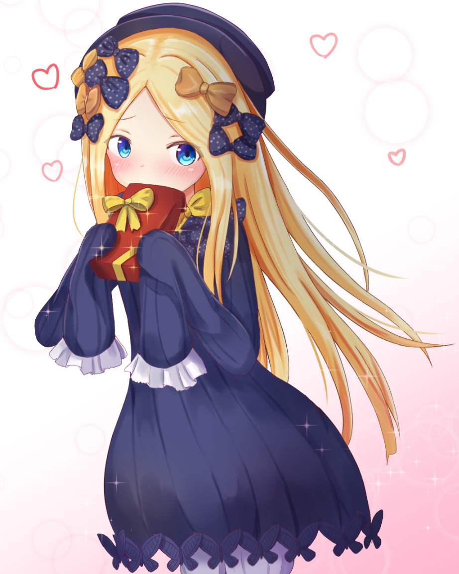1girl abigail_williams_(fate/grand_order) bangs black_bow black_dress black_hat blonde_hair bloomers blue_eyes blush bow box butterfly commentary_request dress eyebrows_visible_through_hair fate/grand_order fate_(series) gift gift_box gradient gradient_background hair_bow hat heart holding holding_gift long_hair long_sleeves looking_at_viewer masen orange_bow parted_bangs pink_background polka_dot polka_dot_bow sleeves_past_fingers sleeves_past_wrists solo sparkle underwear very_long_hair white_background white_bloomers