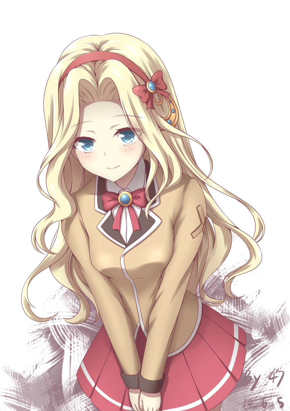 1girl 47_(479992103) bangs blonde_hair blue_eyes closed_mouth cygnus_(maplestory) hair_ornament highres long_hair maplestory nose school_uniform shirt skirt solo