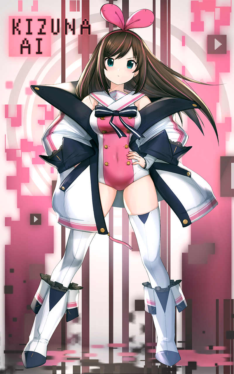 1girl a.i._channel bangs blue_eyes blush boots breasts brown_hair coat covered_navel eyebrows_visible_through_hair full_body hairband hand_in_pocket hand_on_hip highres iwahana kizuna_ai lace-trimmed_sleeves long_hair looking_at_viewer medium_breasts multicolored_hair pink_hair pink_hairband pink_ribbon ribbon sailor_collar solo standing streaked_hair swept_bangs thigh-highs virtual_youtuber white_legwear