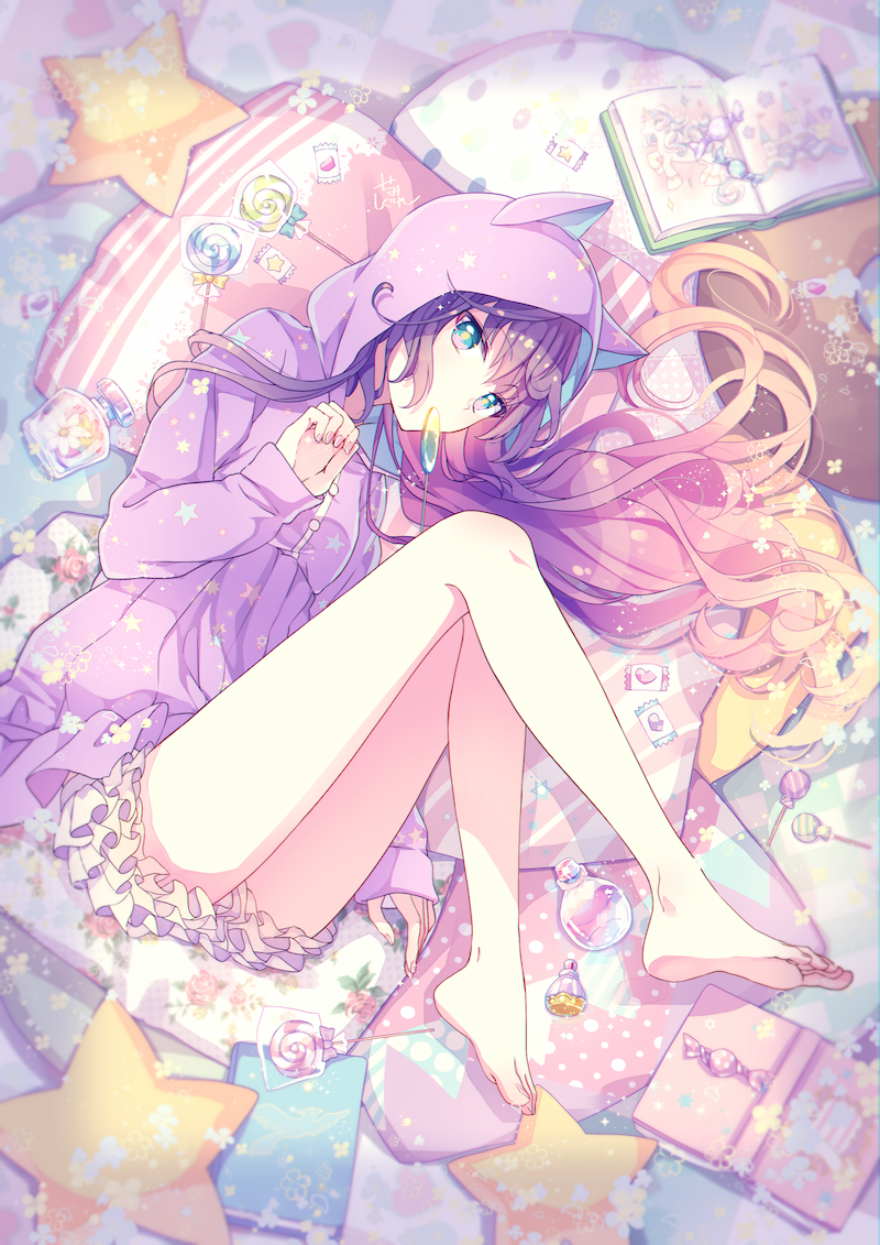 1girl animal_ears animal_hood bangs bare_legs barefoot book brown_hair candy cat_ears cat_hood commentary_request eyebrows_visible_through_hair food frilled_shorts frills goma_(11zihisin) gradient_hair green_eyes hair_between_eyes hood hood_up hoodie lollipop long_hair lying multicolored_hair on_side open_book original pillow purple_hair purple_hoodie short_shorts shorts solo swirl_lollipop very_long_hair white_shorts