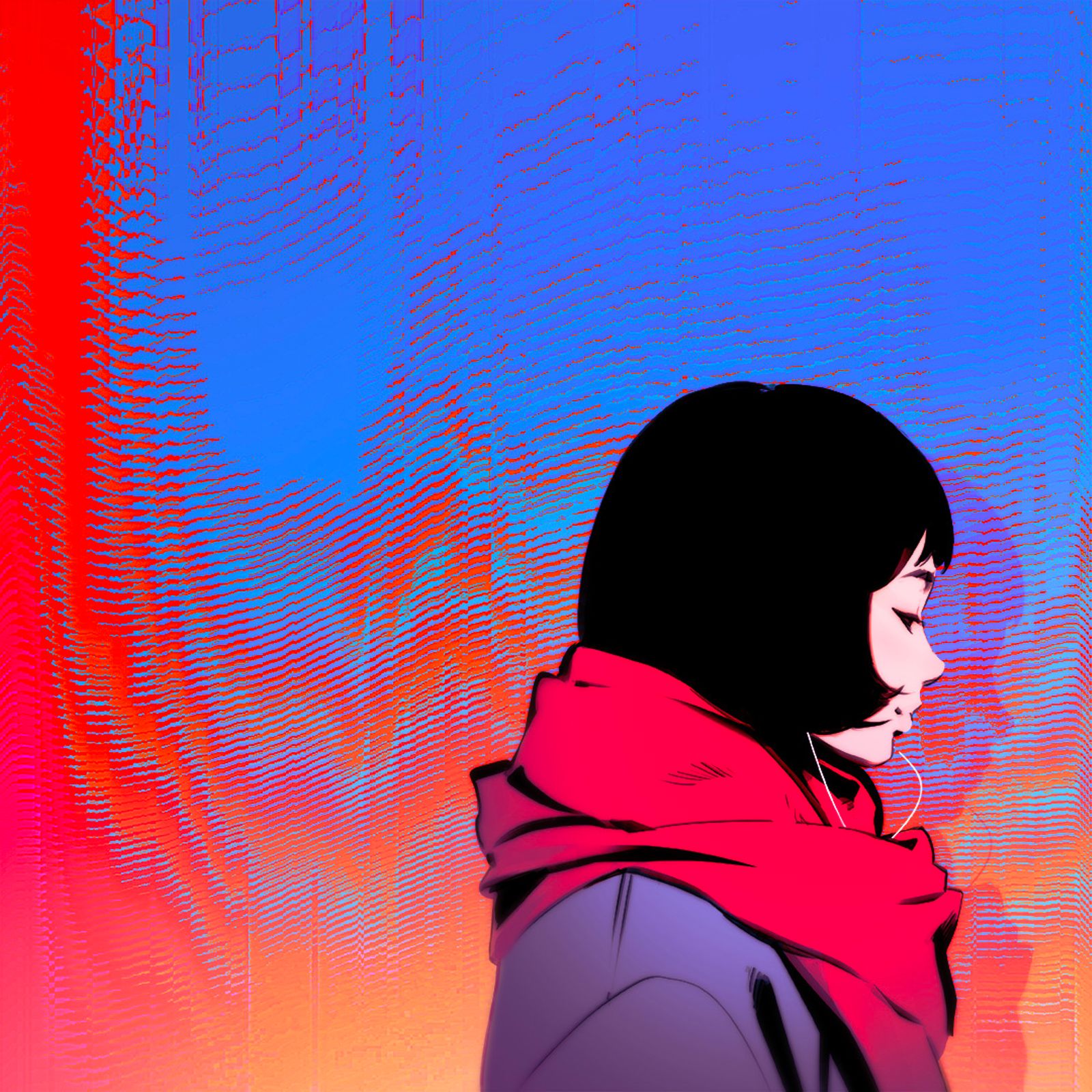 1girl black_hair closed_eyes earphones highres ilya_kuvshinov original profile scarf short_hair smile solo upper_body