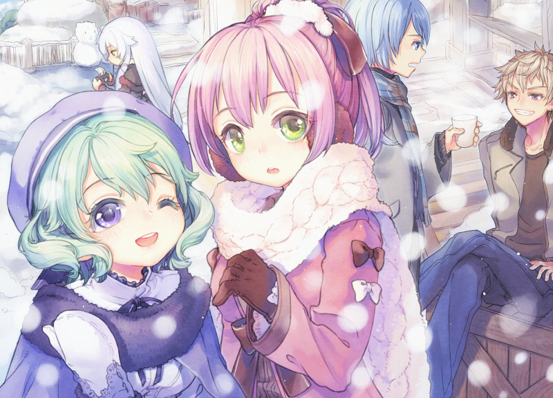 2boys 3girls altina_orion aqua_hair beret character_request cup earmuffs eevee-moon eiyuu_densetsu gloves green_eyes hat high_ponytail juna_crawford multiple_boys multiple_girls musse_egret one_eye_closed open_mouth pink_hair purple_hat scarf sen_no_kiseki sen_no_kiseki_3 short_hair smile snowing snowman teeth violet_eyes winter_clothes