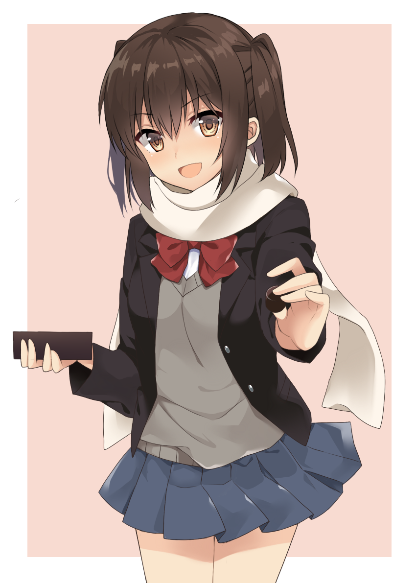 1girl :d alternate_costume blue_skirt brown_eyes brown_hair buttons chocolate food hair_between_eyes holding holding_food kantai_collection long_sleeves open_mouth pleated_skirt red_ribbon ribbon scarf sendai_(kantai_collection) short_hair skirt smile solo two_side_up white_scarf yuzuttan