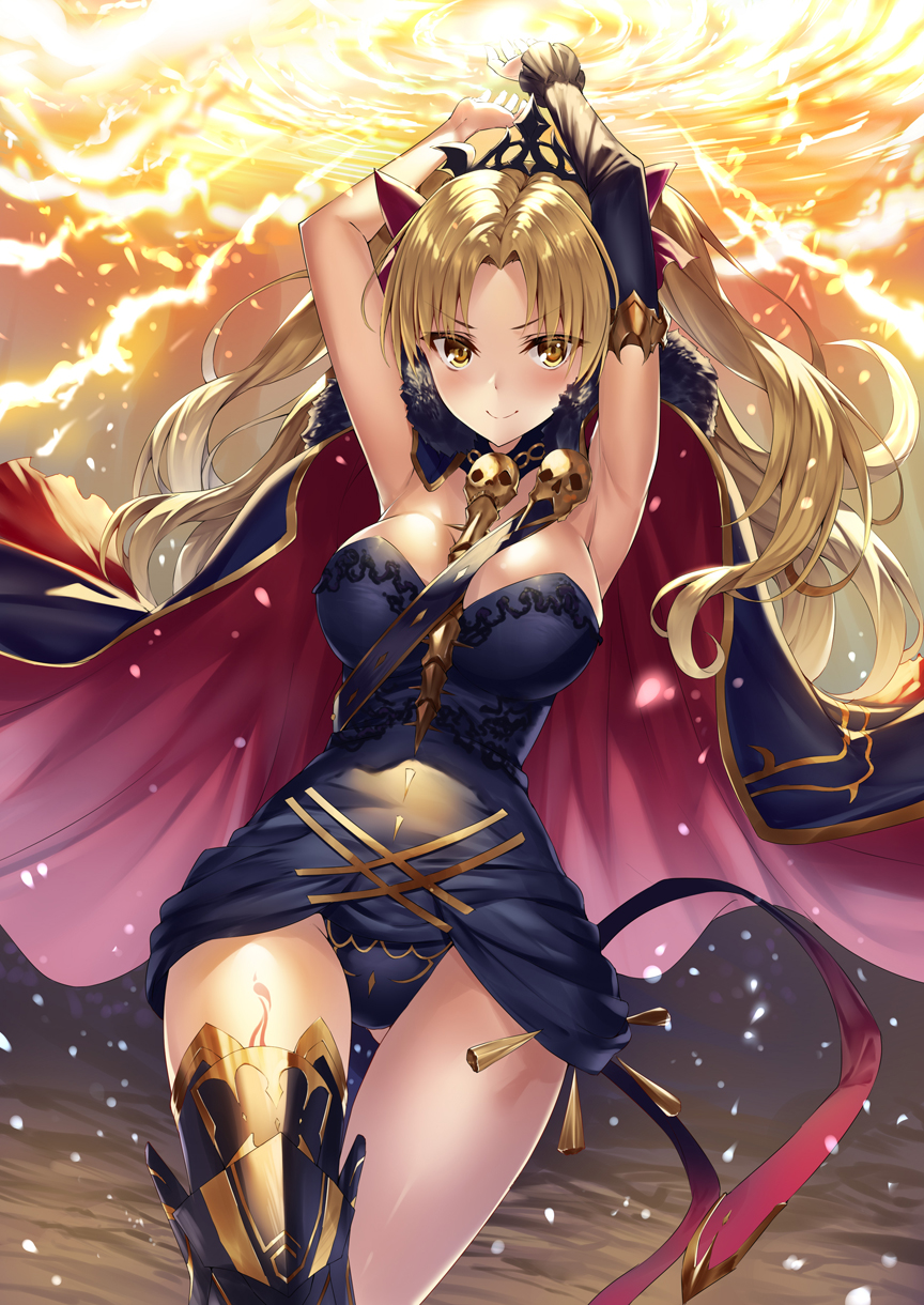 1girl armpits arms_up asymmetrical_legwear black_legwear blonde_hair cape commentary_request earrings ereshkigal_(fate/grand_order) fate/grand_order fate_(series) gluteal_fold heirou highres jewelry long_hair looking_at_viewer red_cape shiny shiny_hair single_thighhigh skull smile solo thigh-highs tiara yellow_eyes