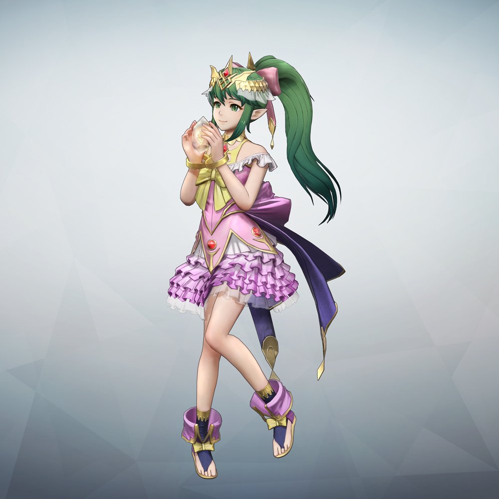 1girl chiki circlet dress fire_emblem fire_emblem:_mystery_of_the_emblem fire_emblem_musou formal full_body green_eyes green_hair jewelry long_hair mamkute official_art pointy_ears ponytail simple_background solo stone tiara