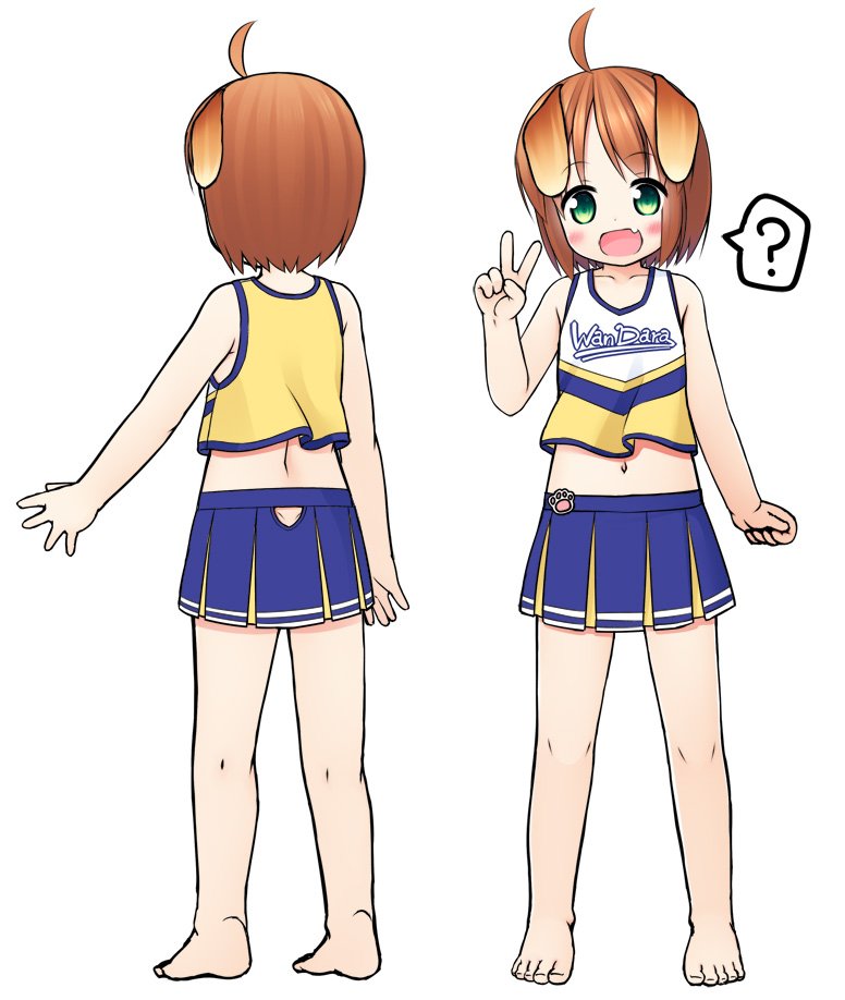 1girl :d ? ahoge animal_ears bangs bare_arms bare_shoulders barefoot blue_skirt blush brown_hair cheerleader clothes_writing collarbone commentary_request crop_top dog_ears eyebrows_visible_through_hair fang feet green_eyes hand_up head_tilt inuarashi looking_at_viewer meiko_(inuarashi) multiple_views navel open_mouth original pleated_skirt shirt short_hair simple_background skirt sleeveless sleeveless_shirt smile spoken_question_mark standing toenails toes v white_background