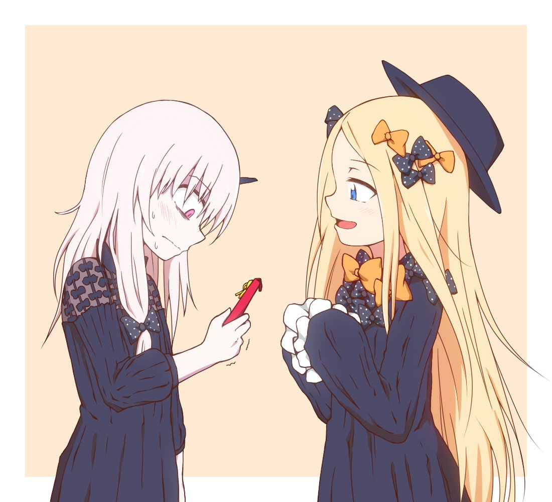 2girls abigail_williams_(fate/grand_order) albino black_bow black_dress black_hat blue_eyes blush bow dress fate/grand_order fate_(series) from_side hair_bow hat holding horn lavinia_whateley_(fate/grand_order) long_hair looking_at_another looking_down multiple_girls orange_background orange_bow pale_skin pink_eyes polka_dot polka_dot_bow ribbed_dress shiromikuro sleeves_past_wrists sweat trembling valentine very_long_hair white_hair yuri