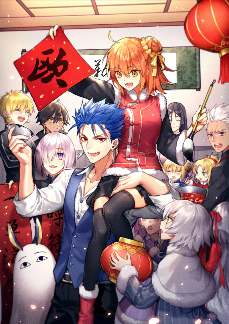 ahoge black_legwear blonde_hair blue_hair capelet carrying ceiling character_request chinese_new_year chopsticks closed_eyes cowboy_shot earrings eating facial_mark fate/grand_order fate_(series) from_side green_eyes grey_eyes hair_over_one_eye holding indoors jewelry kangetsu_(fhalei) lantern long_hair looking_at_another multiple_girls open_mouth orange_eyes orange_hair pleated_skirt purple_hair short_hair shoulder_carry side_bun skirt spiky_hair thigh-highs translation_request vest violet_eyes white_hair wide_sleeves zettai_ryouiki