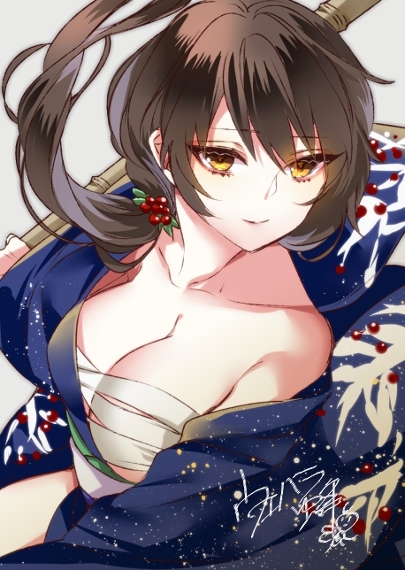 1girl blue_kimono breasts brown_hair cleavage closed_mouth collarbone floral_print flower_knight_girl grey_background hair_ornament holding japanese_clothes kimono large_breasts long_hair looking_at_viewer nanten_(flower_knight_girl) ponytail print_kimono sarashi signature simple_background single_bare_shoulder smile solo uehara_(higanbachi) upper_body yellow_eyes