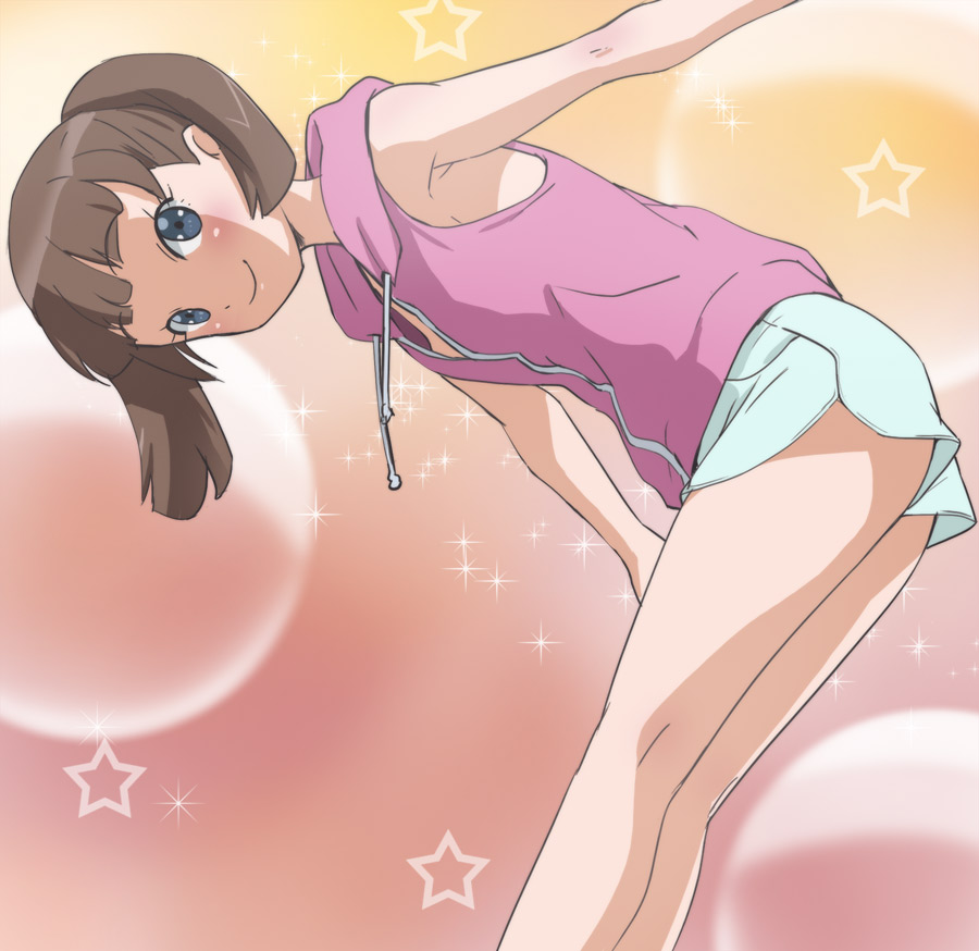 1girl armpits bent_over blue_eyes blush brown_hair character_request closed_mouth haruyama_kazunori looking_at_viewer multicolored multicolored_background short_hair shorts smile solo standing star starry_background wake_up_girls!