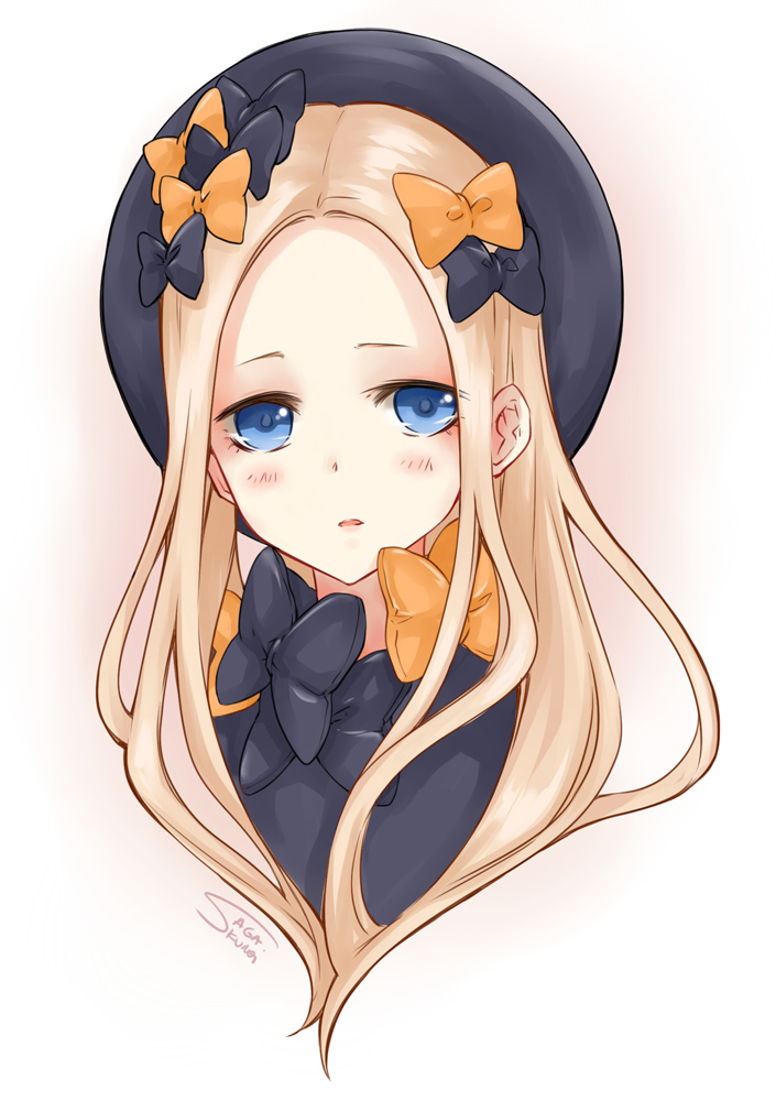 1girl abigail_williams_(fate/grand_order) artist_name bangs black_bow black_dress black_hat blonde_hair blue_eyes blush bow commentary dress fate/grand_order fate_(series) forehead hair_bow hat head_tilt long_hair looking_at_viewer orange_bow parted_bangs parted_lips sagakuroi solo white_background
