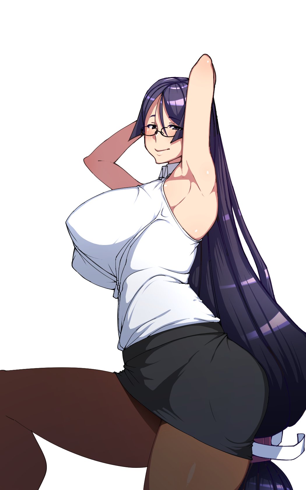 1girl absurdly_long_hair alternate_costume armpits arms_up bangs bare_arms bespectacled black-framed_eyewear black_skirt blush breasts by_spoon closed_mouth collared_shirt eyebrows facing_away fate/grand_order fate_(series) glasses hair_between_eyes highres large_breasts leg_up long_hair looking_at_viewer low-tied_long_hair minamoto_no_raikou_(fate/grand_order) miniskirt pantyhose pencil_skirt shirt simple_background skirt sleeveless sleeveless_shirt smile solo straight_hair tight very_long_hair white_background white_shirt